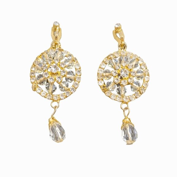 Jewelry - Elegant Gold with Rhinestone Dangle Clip On Earrings